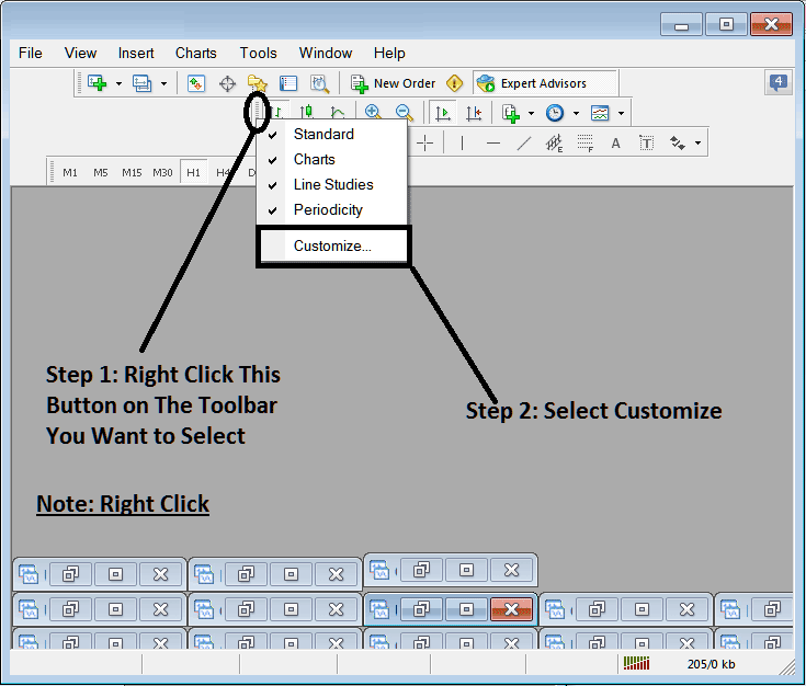 Adding Buttons to Chart Toolbars on MetaTrader 4 Forex Trading Platform Explained - MT4 Chart Tool Bar Example Explained - MT5 Customizing and Arranging Charts Toolbars on MetaTrader 5