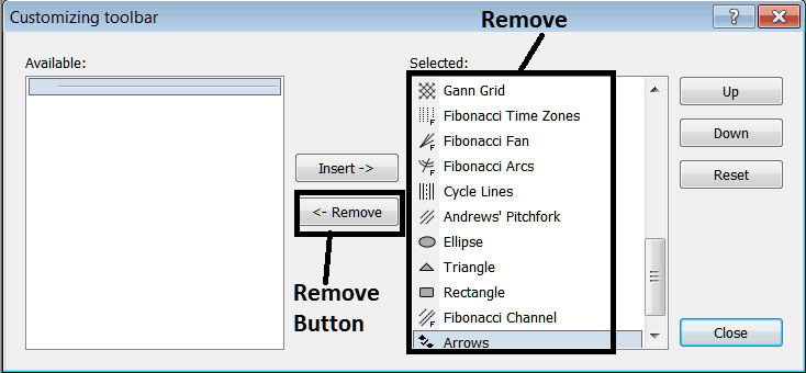 How to Remove a Tool from the Lines Toolbar on MetaTrader 5 - MT5 Line Studies Toolbar Menu - MetaTrader 5 Line Studies Toolbar Menu PDF - Trading Toolbar Menu