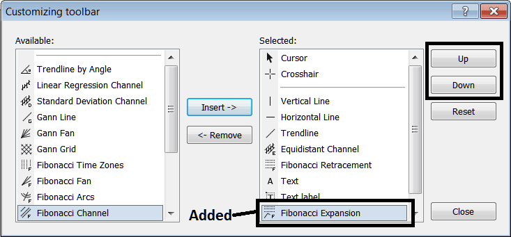 Example of How to Add Fibonacci Expansion Levels Indicator on Line Studies Toolbar - MetaTrader 5 Customizing and Arranging Charts Toolbars in MetaTrader 5 - MT5 Fibonacci Projection Trading Indicator