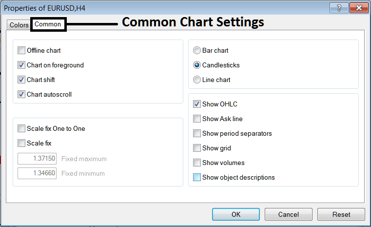 Common Chart Setting on MetaTrader 5 for forex Charts - MetaTrader 5 Chart Properties on Charts Menu in MetaTrader 5 - FX Trading MT5 Chart Properties on Trading Charts Menu