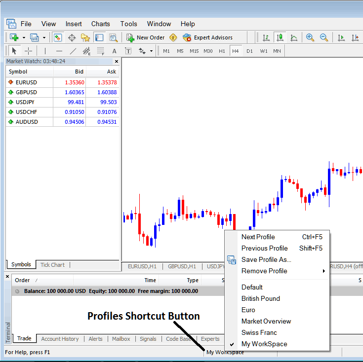 Profile Short Cut Button on MetaTrader 5 - MetaTrader 5 Profiles and Saving a Profile in MetaTrader 5 Explained - What is MT5 Forex Trading Profile? - How to Save MetaTrader 5 Trading Profile in MT5 Trading Platform