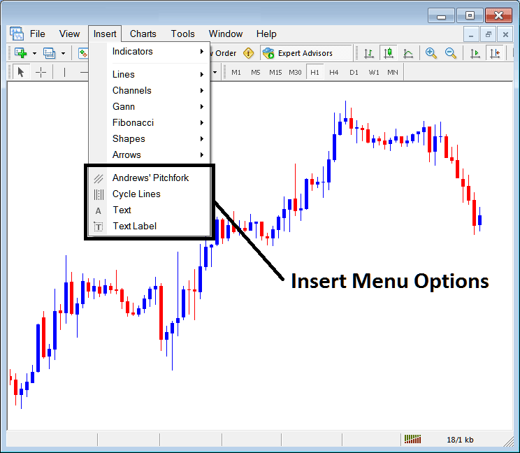 Insert Andrew's Pitchfork, Cycle Lines, Text and Text Label on MetaTrader 5 - MetaTrader 5 Insert Andrew's Pitchfork, Cycle Lines, Text Label on MT5 - MT5 Insert Menu Options Examples Explained