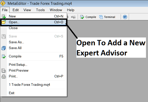 Open and Add New Downloaded Automated Forex Trading Expert Advisor to MT5 - MetaTrader 5 MetaEditor: How to Add Automated Forex EAs in MetaTrader 5 - How Do I Activate a Trading Robot EA on Trading Platform?