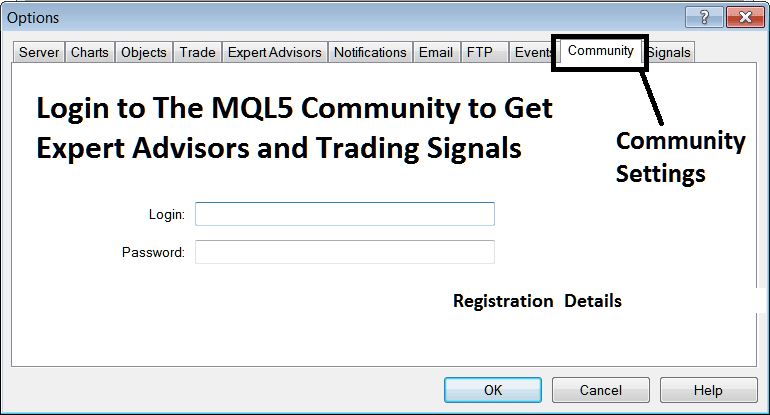 MQL5 Community Login from the MT5 Forex Trading Platform - MT5 Options Settings on Tools Menu in MT5 - Learn MT5 Forex Trading Platform Tutorial Guide