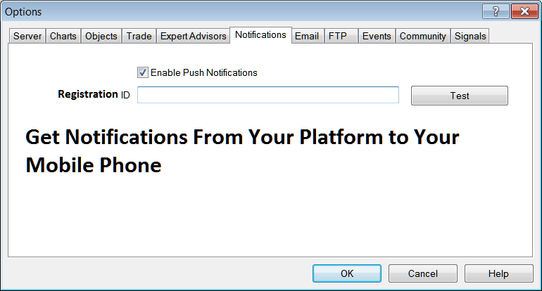 Notifications Settings for Mobile Phone in MT5 - MetaTrader 5 Options Setting on Tools Menu in MetaTrader 5 - MT5 Forex Charts Options Settings on Tools Menu