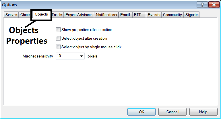 Object Properties Editing Option in MT5 - MetaTrader 5 Options Settings on Tools Menu in MetaTrader 5 - How Do You Analyze Forex in MetaTrader 5 Platform?