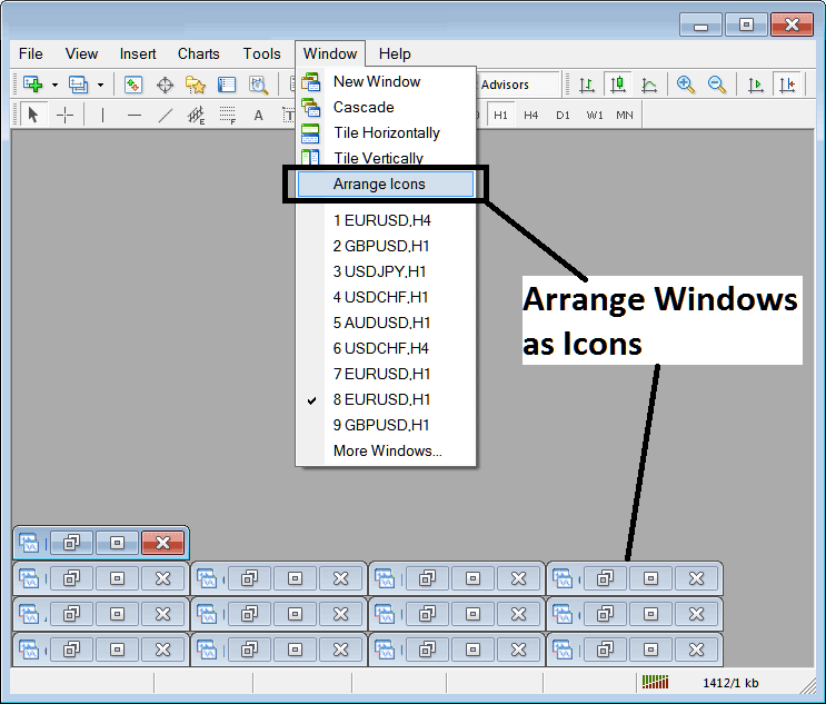 How to Arrange Forex Currency Pairs Charts as Arranged Icons in MT5 - MetaTrader 5 Window Menu for Trading Charts - MetaTrader 5 Open Forex Charts List on MT5