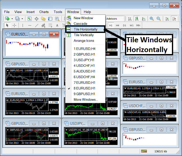 How to Arrange and Tile Forex Chart Windows Horizontally in MT5 - MT5 Open Forex Charts List in MetaTrader 5 - Forex MT5 Opening MetaTrader 5 Opening Forex Trading Chart Tutorial