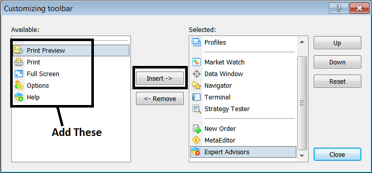 Customize and Add Crude Oil Trading Tools Buttons on Standard MT4 Toolbar - How to Learn MT4 Trading Software