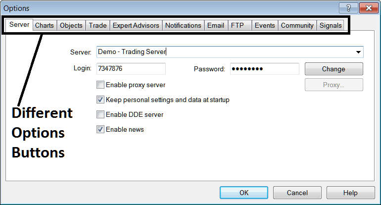 MetaTrader 4 Options Settings Window for Various MT4 Oil Trading Platform Settings - Oil Tutorial MT4 Software Guide