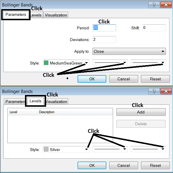 Edit Properties Window For Editing Bollinger Bands Oil Trading Indicator Settings