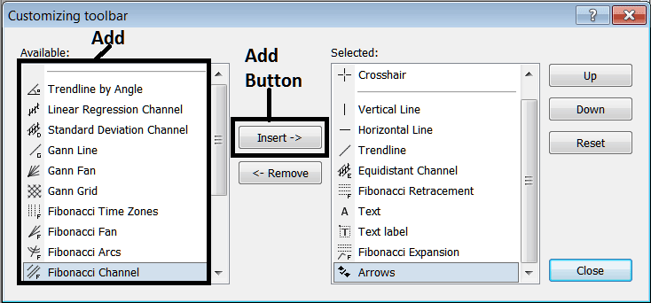 Add Line Tools To The Line Studies Toolbar on MetaTrader 4 Platform - Customizing MetaTrader 4 Trading Toolbars