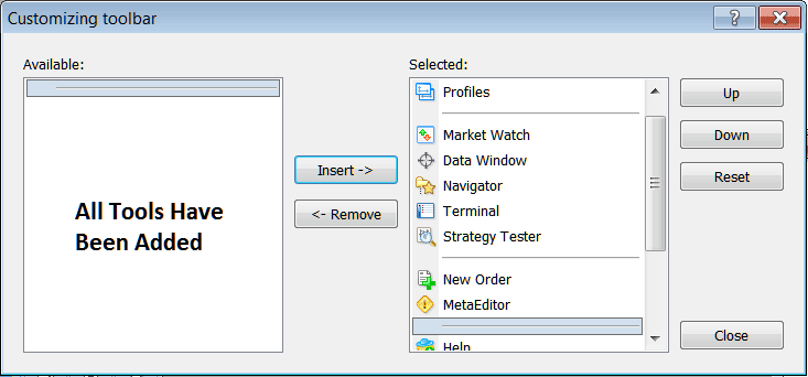 How to Customize and Add Tools on Standard MetaTrader 4 Toolbar - Stocks Tool Bars on MetaTrader 4 - MT4 Toolbar Menu and How to Customize it in MetaTrader 4 Trading Platform