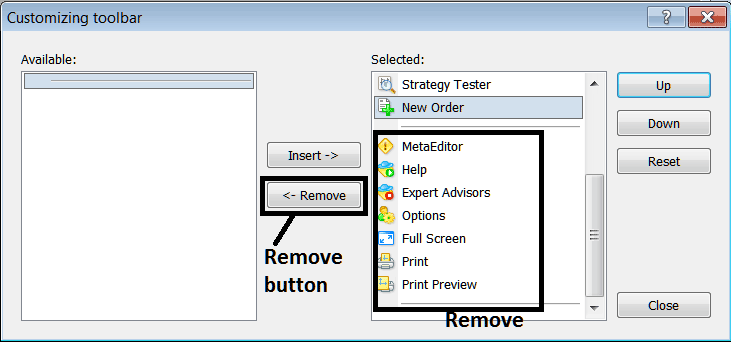 Remove Toolbar Buttons from the Standard Toolbar on MetaTrader 4 Platform - Stocks MT4 Customizing and Arranging Toolbars in MT4