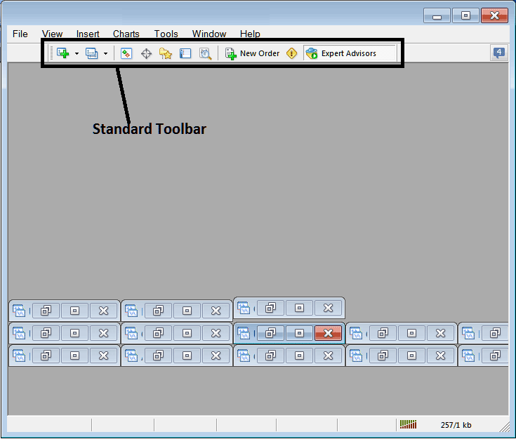 MetaTrader 4 Standard Toolbar and Tools on The MetaTrader 4 Stocks Platform Interface - MetaTrader 4 Stocks Trading Toolbar Menu Stocks Trading Software Platform PDF