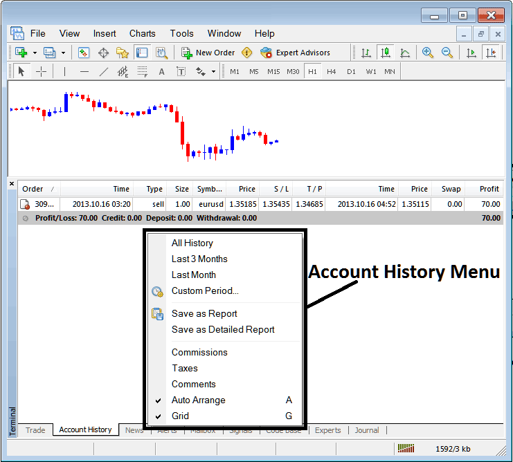 Stocks Trading Account History Menu for Generating Detailed Trading Reports