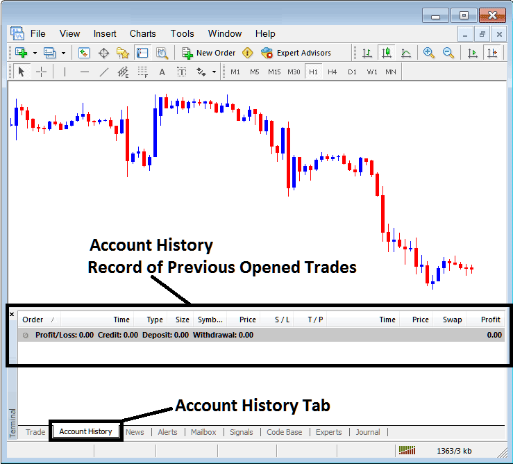 Stocks Trading Account History Tab for Recording Closed Trade Orders on MetaTrader 4 Platform - How Do You Set Stocks Trading Orders in Trading Platform?