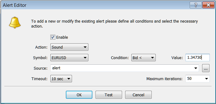 MetaTrader 4 Window for Setting Trading Alerts on Stocks Trading Platform MT4 Terminal Window - How Do You Interpret Stocks Trading in MT4?