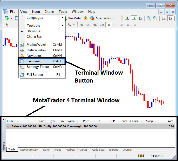 Stocks Trading Platform MT4 Terminal Window and Terminal Button View Menu - Where Can I Get How to Use Trading Software Platform Guide?