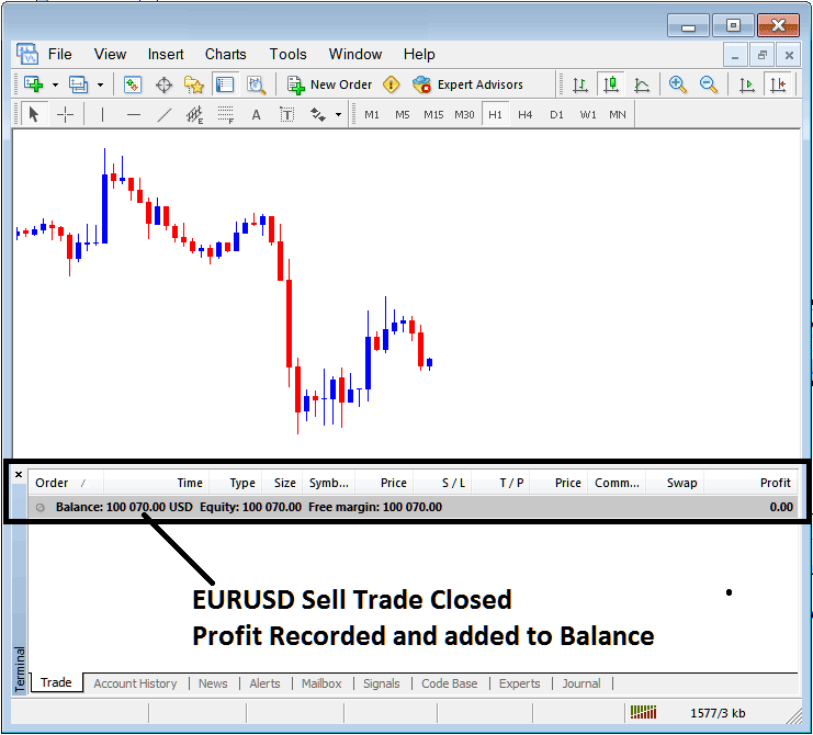 Profit Recorded on MT4 Terminal Window For Closed Stocks Trade - How to Use Learn MetaTrader 4 Stocks Trading Platform Software Guide