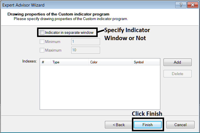 Stock Custom Indicator Properties Settings