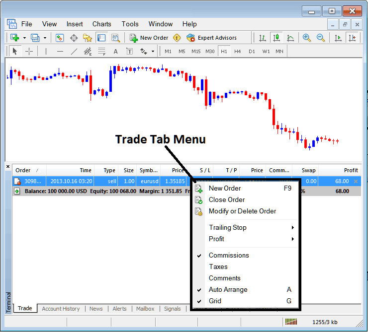 Trade Tab Menu on MT5 Stock Trading Terminal Window - Online MT5 Stocks Trading Software Guide Tutorial