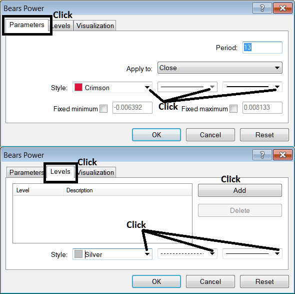 Edit Properties Window For Editing Bears Power Stock Indicator Settings - Place Bears Power Stocks Indicator in Trading Chart in Trading Platform