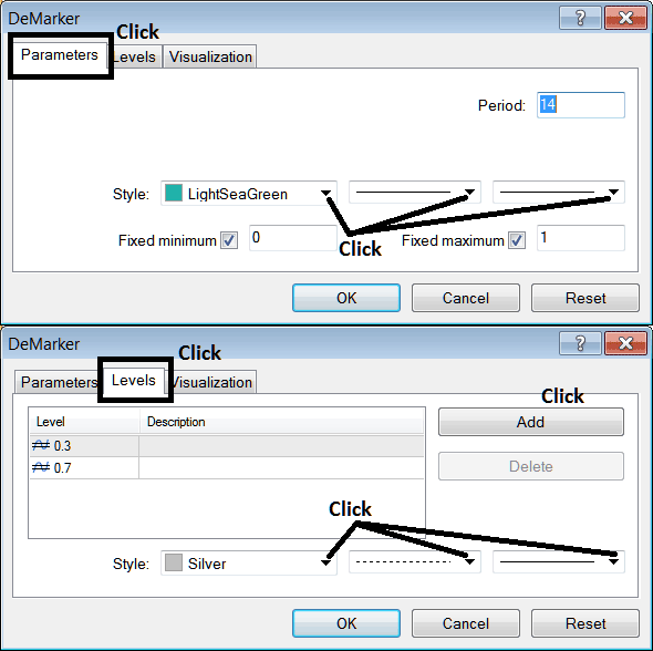 Edit Properties Window For Editing Demarker Stock Indicator Settings - Is Demarker Technical Indicator Leading or Lagging Technical Indicator