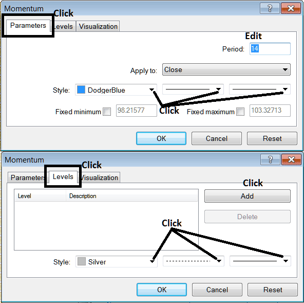 Edit Properties Window For Editing Momentum Stock Indicator Settings - How Do I Place Momentum Indicator on Stocks Trading Chart on Stocks Trading Platform?