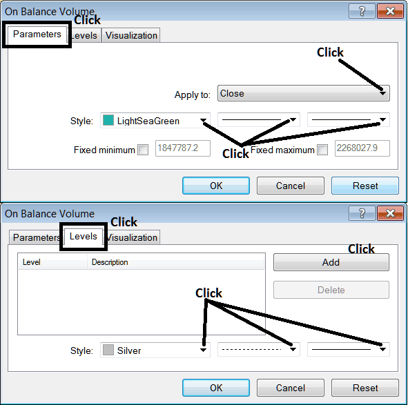 Edit Properties Window for Editing On Balance Volume Stock Indicator Settings - Stocks Trading On Balance Volume Trading Strategy Tutorial